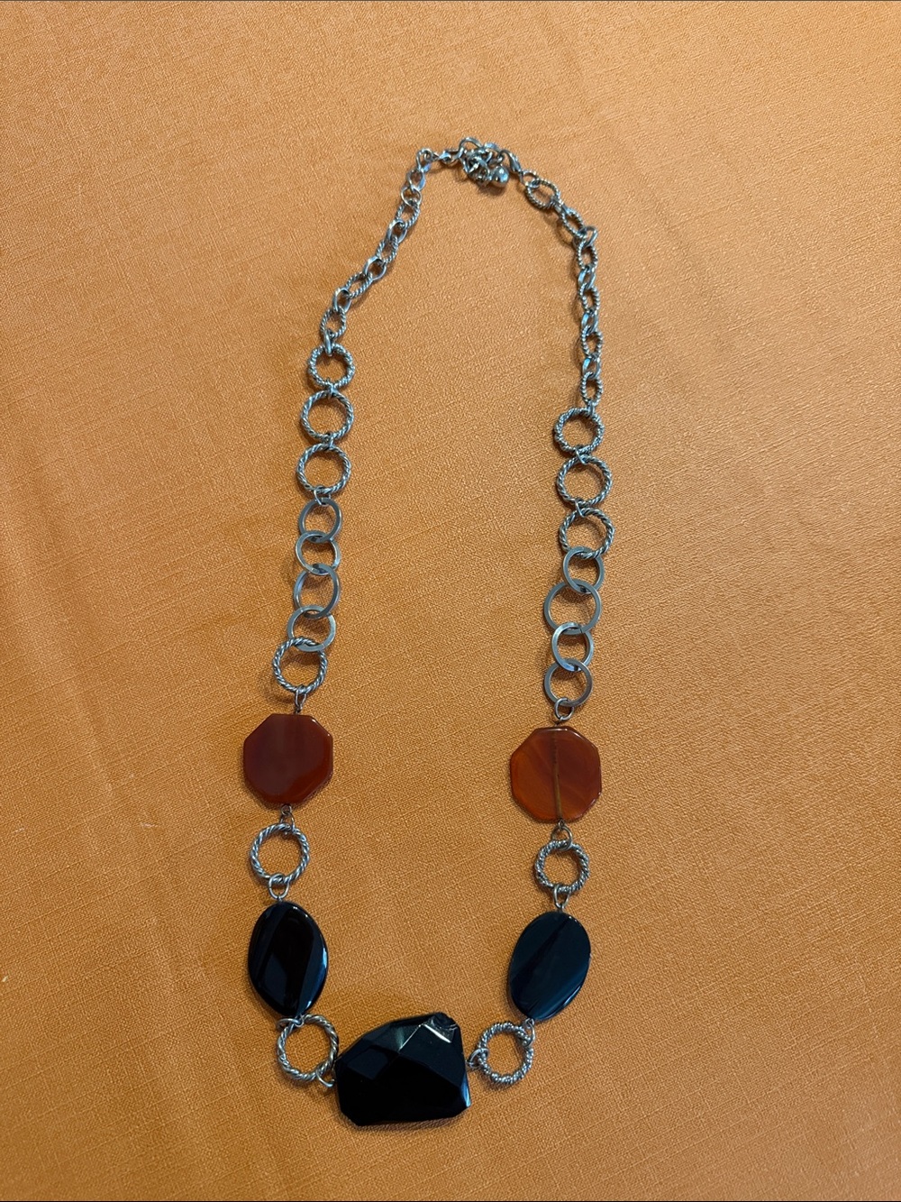 Statement Silver Chain Necklace with Black and Brown Gemstones